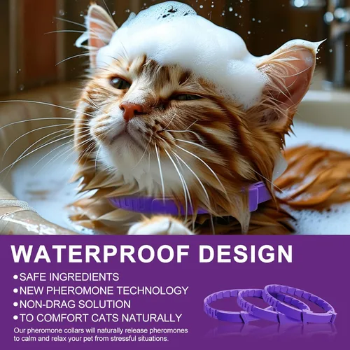 Miniatura 5 de 4 collares calmantes para gatos con feromonas y lavanda, diseño impermeable ajustable, alivio de ansiedad de 30 días, para el estrés y viajes