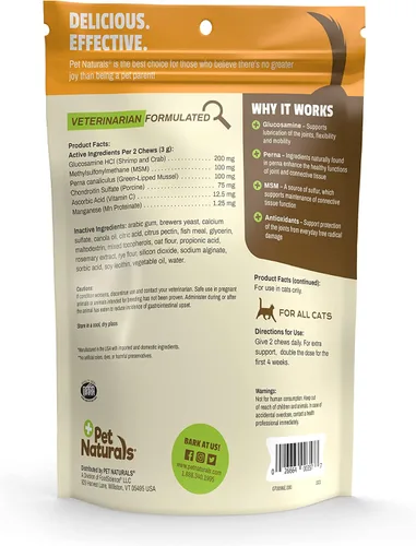 Miniatura 2 de Pet Naturals Suplemento de cadera y articulaciones con glucosamina, mejillón de labios verdes y condroitina para gatos, sabor a pato, 160 masticables