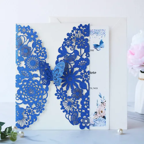 Miniatura 5 de Hosmsua 50 invitaciones de quinceañera de mariposa azul rey y sobre de 5.12 x 7.3 pulgadas, corte láser, flora de encaje, invitación de quinceañera