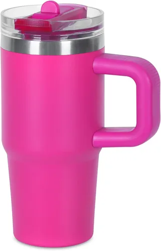 Vaso de 14 onzas para niños con tapa con popote abatible y asa, 100% a prueba de fugas, vaso mini de 14 onzas, vaso aislado al vacío de acero Rosa