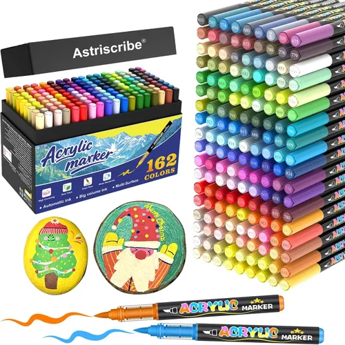 Juego de marcadores de pintura acrílica de 162 colores, paleta profesional con punta de pincel (0.039-0.197 in), tinta de secado rápido e