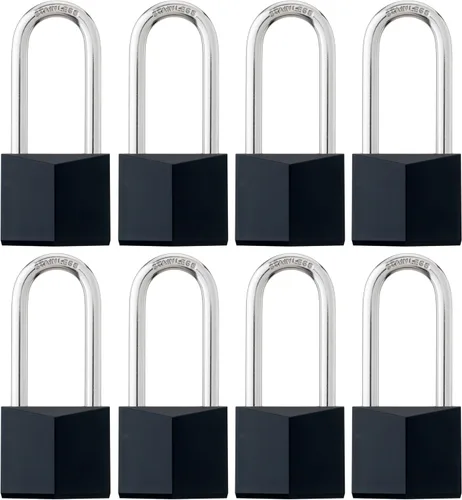 Miniatura 8 de Paquete de 12 cerraduras con llave igual, candado de latón cubierto negro con grillete largo de acero inoxidable, cuerpo de bloqueo de 1-9/16