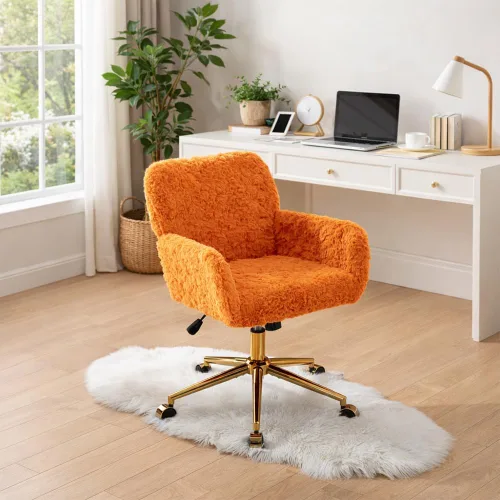 Miniatura 3 de Silla de tocador de piel sintética, silla de escritorio giratoria ajustable con ruedas y base dorada, cómoda silla ancha de maquillaje mullida