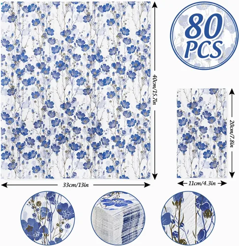 Miniatura 2 de AnyDesign Paquete de 80 servilletas de papel desechables con flores azules y blancas, servilletas de papel para cena, toallas de mano