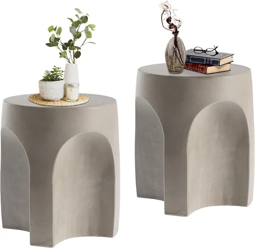 Miniatura 25 de HOMPUS Mesa auxiliar de hormigón para exteriores, mesa auxiliar redonda MgO para patio, taburete de jardín ligero para uso en interiores, patio