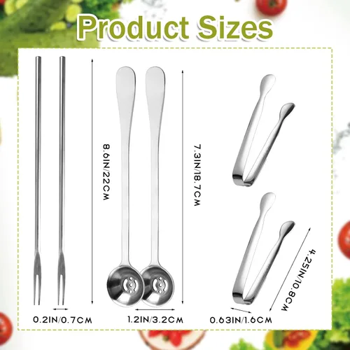 Miniatura 5 de Juego de 6 pinzas para servir de cocina con mango largo, tenedor para pepinillos, cuchara de aceituna con orificio de drenaje, colador de acero