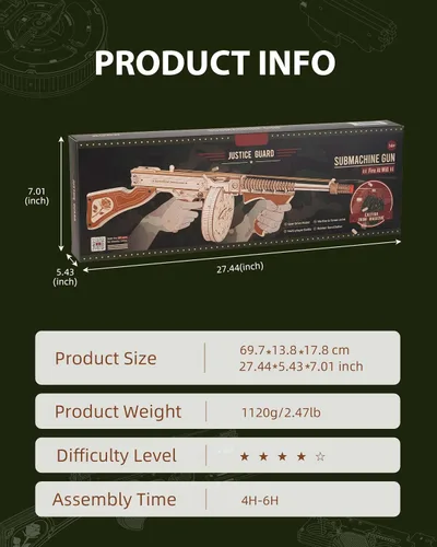 Miniatura 4 de Rowood Rompecabezas 3D para adultos amantes de los juguetes militares, banda de goma, kit de modelo de madera de Tommy Gun, rompecabezas de madera
