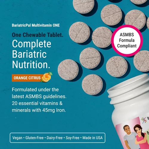 Miniatura 2 de BariatricPal Multivitamínico UNO 1 por día! Multivitamínico bariátrico masticable con 45 mg de hierro Cítrico naranja Vitamina para pacientes