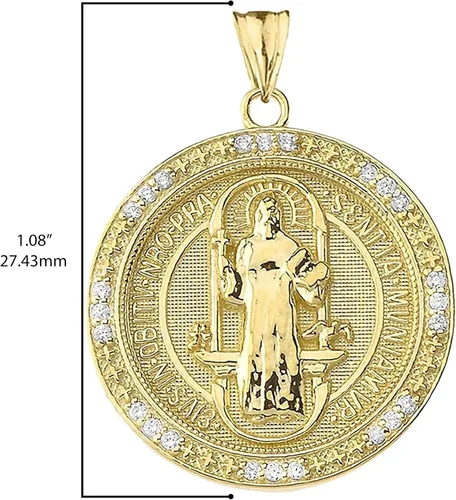 Miniatura 3 de Colgante redondo de oro amarillo de 14 quilates diamante de 110 quilates 10in medalla de San Benito color J-K claridad I1-I2 metal Piedra preciosa