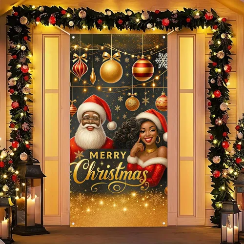 BlissYard Cubierta de puerta de Feliz Navidad de 71 x 35 pulgadas, pancartas para puerta de porche delantero, decoración de invierno, Papá Noel