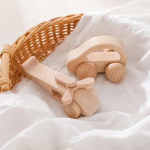 Miniatura 5 de Automóvil de madera para bebés y aviones, auto de madera para niños pequeños Montessori Baby Grip Toy Car, regalos para niños y niñas, auto