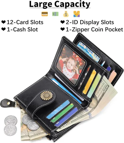 Miniatura 65 de SENDEFN - Billetera pequeña de piel auténtica para mujer, diseño plegable con ventana para tarjeta de identificación