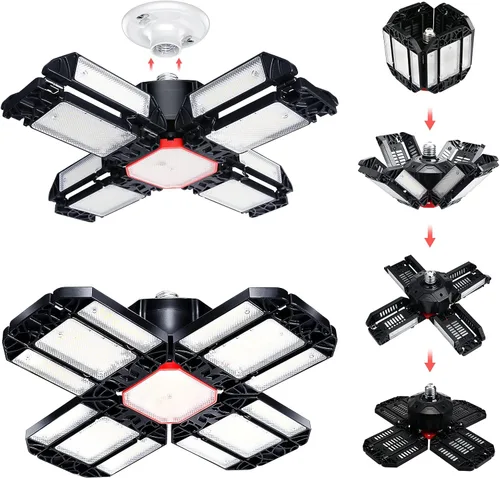 Miniatura 8 de Luces de garaje LED de techo, 12 paneles enchufables con 180 W, 18000 lúmenes, 6500 K, 12 hojas deformables multiposición, base E26 E27 ideal