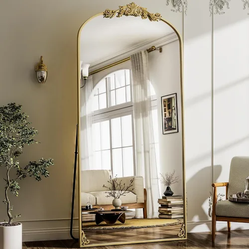 Miniatura 19 de GLSLAND Espejo Vintage - 72" x 44" Espejo de Cuerpo Completo Grande Tallado Arqueado con Marco de Metal Barroco Espejos de Cuerpo Completo para Negro