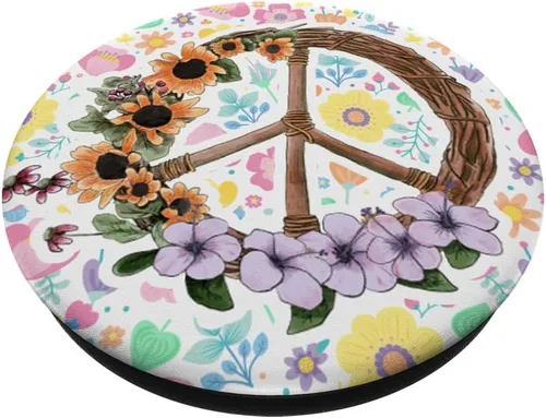 Miniatura 2 de Letrero de la paz de flores vintage – Retro de los 70 hippies Art Gift – PopSockets Grip y soporte para teléfonos y tabletas, Negro