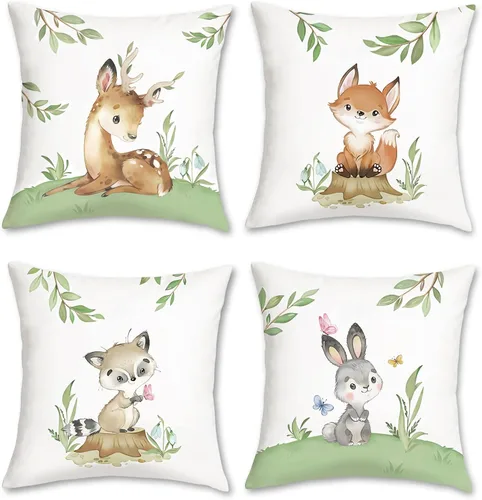 Miniatura 10 de Bonhause Juego de 4 fundas de almohada de animales del bosque, 18 x 18 pulgadas, diseño de oso zorro, ardilla, búho, para niños, para sofá, aula