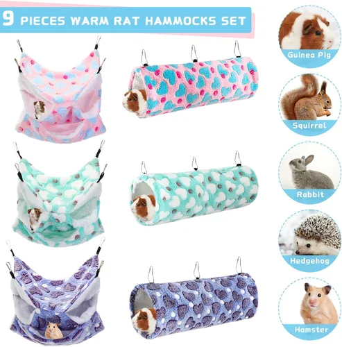 Miniatura 5 de Abbylike Hamaca para Ratas de 9 Piezas de 3 Niveles para Conejillo de Indias y Hurón, Túnel Colgante para Mascotas Pequeñas, Juguete Planeador, Cama