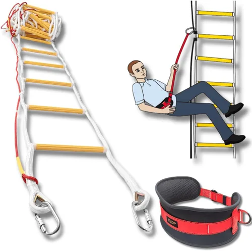 Miniatura 10 de Escalera de escape contra incendios de 2 pisos de 16 pies, resistente a las llamas, de seguridad, con cuerda - Rápida de desplegar y fácil de usar