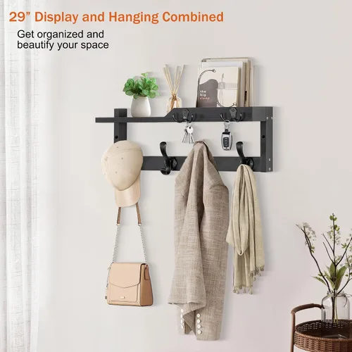 Miniatura 5 de dreampossible Perchero de pared con estante, perchero de pared con ganchos para llaves y soporte para correo, estante flotante de entrada de madera
