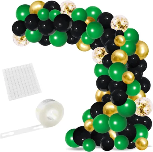 Arco de guirnalda de globos de color verde oscuro, negro y dorado, globos verde esmeralda, globos de confeti dorado metálico, globos de fútbol