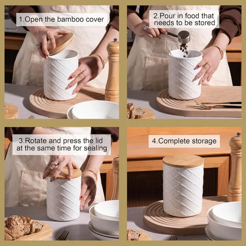 Miniatura 7 de Sweejar Juego de recipientes de cerámica para encimera de cocina, tarro de almacenamiento de alimentos en relieve con tapa de bambú, recipiente