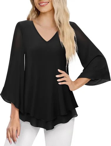 Miniatura 2 de Lotusmile - Blusa de vestir para mujer, camisa de malla de doble capa, manga acampanada 34, blusas de túnica