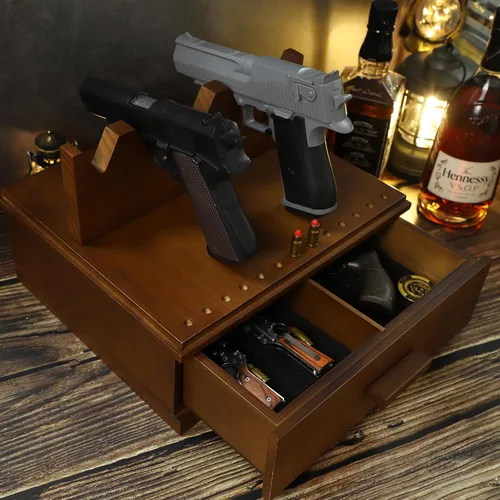 Miniatura 6 de Soporte para pistola de pistola, caja de exhibición de madera para 5 ranuras para pistola de bala, 11 agujeros para pistola de bala, organizador