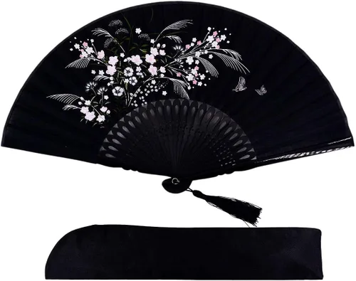 Miniatura 28 de Abanico plegable de seda y bambú, 8.27 pulgadas (21 cm), estilo retro, vintage, elegante y encantador, chino/japonés, regalo para mujeres y niñas