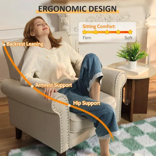 Miniatura 5 de PrimeZone Comfy - Silla decorativa de tela moderna de mediados de siglo, silla de lectura con cojín suave, ribete de cabeza de clavos y reposabrazos