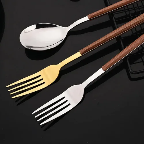 Miniatura 7 de JASHII Juego de cubiertos reutilizables de 24 piezas, acero inoxidable dorado, tenedor, cuchara, palillo y mango cuadrado de madera, servicio