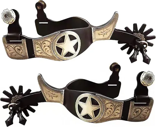 Miniatura 5 de Espuelas occidentales envejecidas con adornos grabados a mano en plata alemana y ruleta con jingle bobs