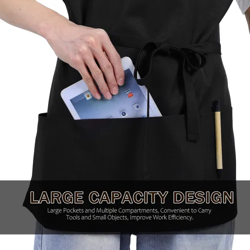 Miniatura 3 de COLLBATH Delantal de servidor impermeable con bolsillos para hombres y mujeres, delantal negro de cosmetología y chef para cocina y pintura