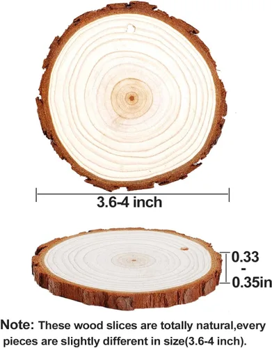Miniatura 2 de wohohoho 32 piezas de rodajas de madera natural de 3.6-4 pulgadas, kit de madera para manualidades sin terminar preperforado con agujero, círculos