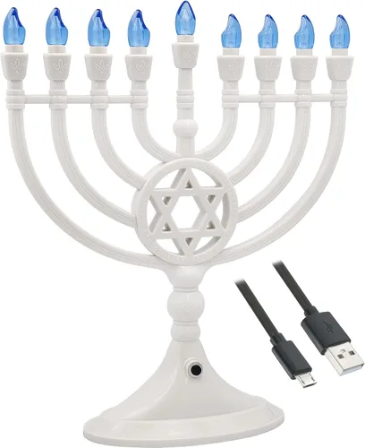 Miniatura 7 de The Dreidel Company Candelabro tradicional LED eléctrico de Hanukkah en oro - Tamaño grande de 13 pulgadas de alto operado con batería o USB - Dorado