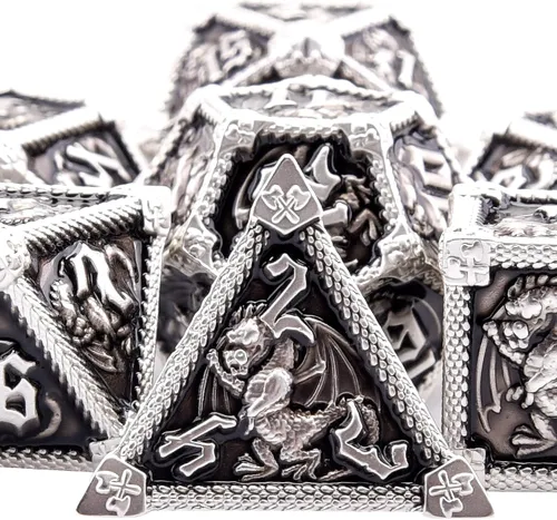 Miniatura 9 de AUSTOR Juego de dados de metal DND de 7 troqueles, juego de dados poliédricos de Calabozos y Dragones con caja D20 D12 D10 D% D8 D6 D4