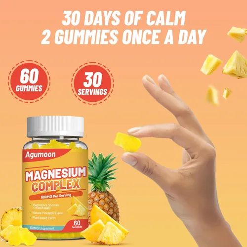 Miniatura 5 de Gomitas complejas de magnesio de 800 mg con zinc y vitaminas B6, B12, C, D3, 60 gomitas de piña, glicinato de alta absorción, citrato, malato, sin
