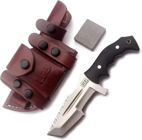 Miniatura 3 de GCS - Cuchillo de caza de acero D2 hecho a mano G10, mango fijo, cuchillo de hoja fija, mano derecha, funda de cuero de búfalo y piedra de afilar