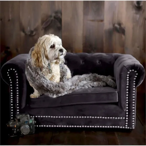 Miniatura 7 de TOV Furniture The Dachshund Collection - Sofá elevado tapizado de terciopelo hecho a mano para mascotas, color gris