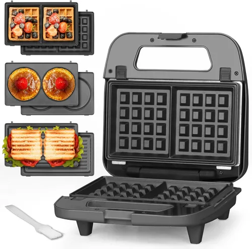 Baker's Friend Mini waflera 3 en 1 con platos extraíbles, platos dobles para gofres y panqueques y parrilla, prensa para sándwiches de desayuno,