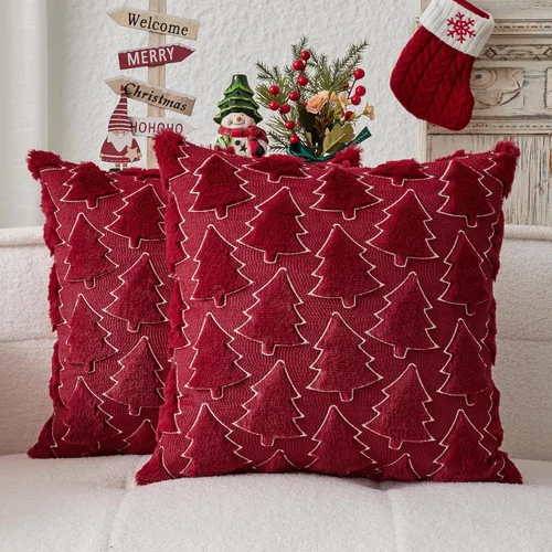 Miniatura 20 de Kevin Textile - Fundas de almohada con diseño de árbol de Navidad de 16 x 16 pulgadas, juego de 2, bordado de lujo, felpa suave, piel sintética
