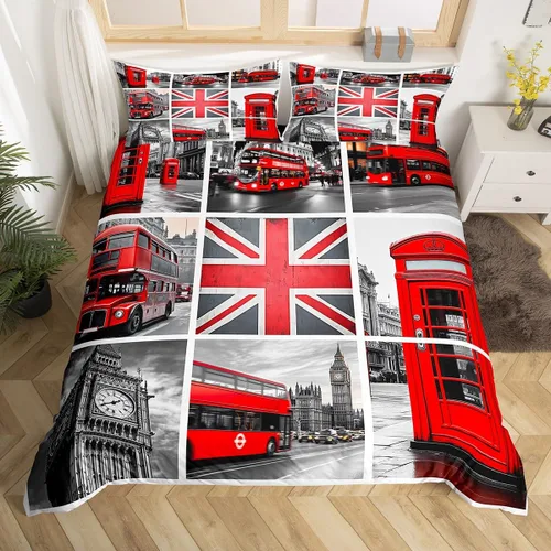 Feelyou Funda de edredón para niñas Big Ben para niños, mujeres y hombres, color rojo y gris Londres Reino Unido, juego de ropa de cama famosa para