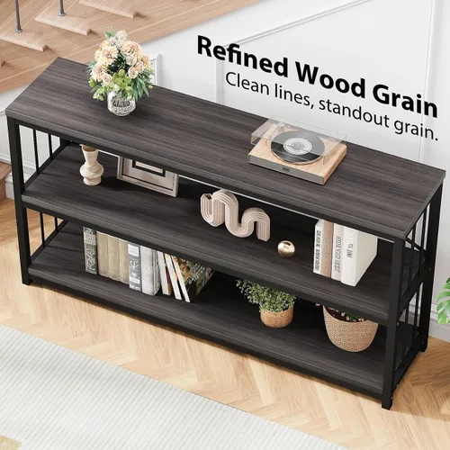 Miniatura 6 de LVB Mesa consola industrial, mesa de sofá de metal y madera, mesa de entrada rústica con almacenamiento, moderno estante de 3 niveles mesa larga