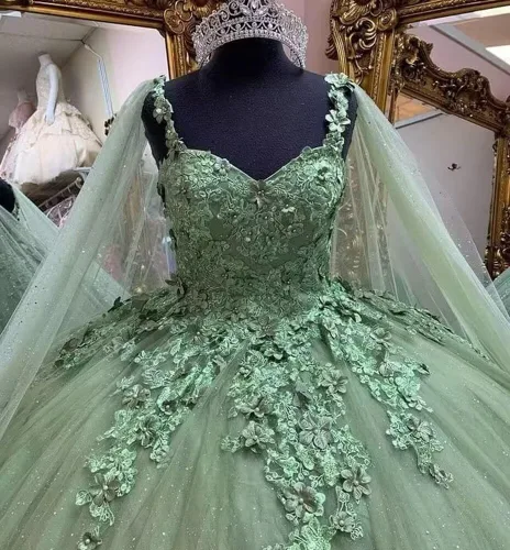 Miniatura 3 de TRHTX Tirantes espagueti vestidos de quinceañera vestido de fiesta con capa princesa dulce 15 16 vestidos con cuentas de encaje vestidos de baile