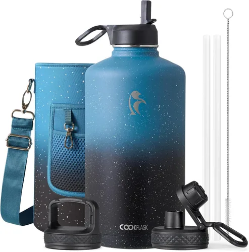 Miniatura 92 de Coolflask Botella de agua de 20 onzas aislada con pajilla, 3 tapas de metal de acero inoxidable, botella de agua de boca ancha para deportes u