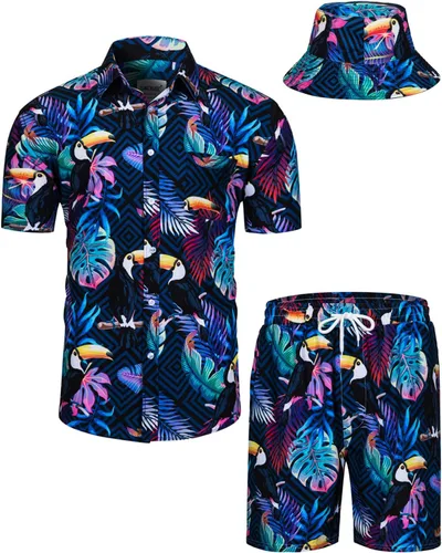 TUNEVUSE Conjunto de camisas y pantalones cortos hawaianos para hombre, 2 piezas, trajes de playa con estampado de flores, traje tropical de verano