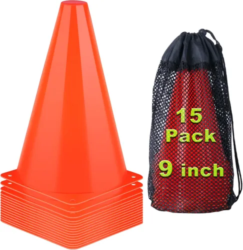 Miniatura 8 de Conos deportivos de 9 pulgadas, paquete de 15 conos de fútbol naranjas, marcadores de campo de agilidad, conos de tráfico de plástico