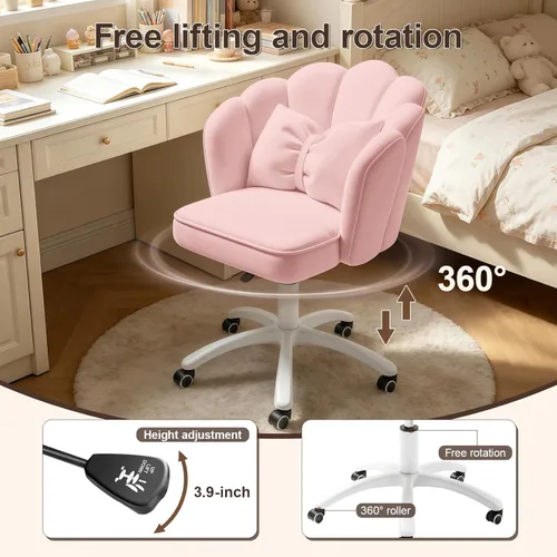 Miniatura 4 de Petal - Silla de escritorio con cojín de lazo, silla de tocador de terciopelo con ruedas, silla tapizada de oficina en casa para niñas y mujeres