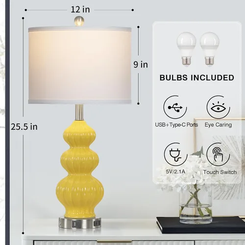 Miniatura 4 de Rinweey Juego de 2 lámparas de mesa de cerámica de triple calabaza, modernas lámparas de noche amarillas con puertos USB A+C y salida de CA, control