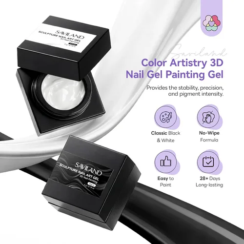 Miniatura 2 de SAVILAND Juego de gel de uñas de escultura 3D: gel de pintura para esculpir 3D cremoso en blanco y negro para moldear arte de uñas en relieve 3D