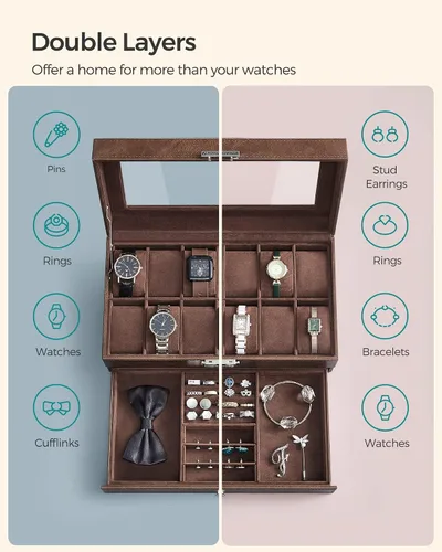 Miniatura 47 de SONGMICS UJWB012 - Caja de reloj de 12 ranuras, caja de reloj con cerradura con tapa de vidrio, 2 capas, con 1 cajón para anillos, pulseras, idea